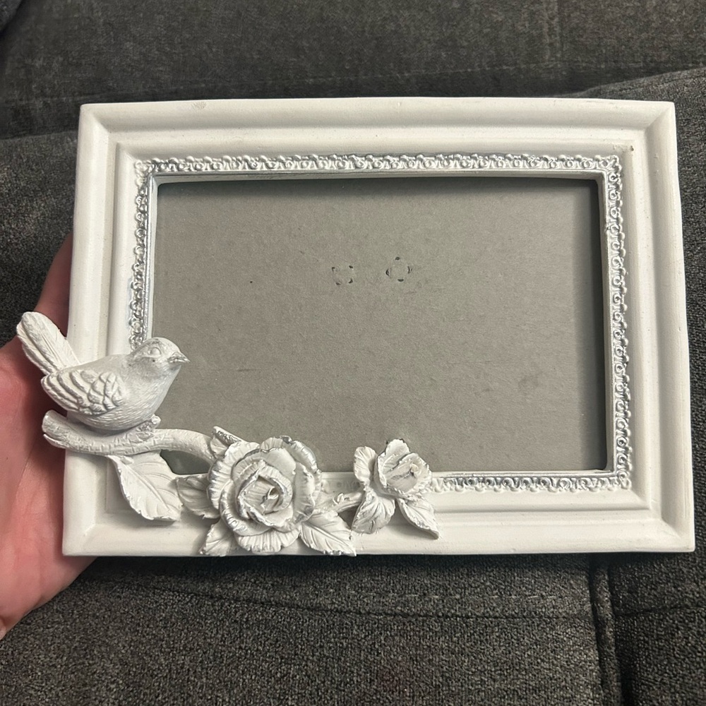 White Decorative Photo Frame with Bird and Floral Design